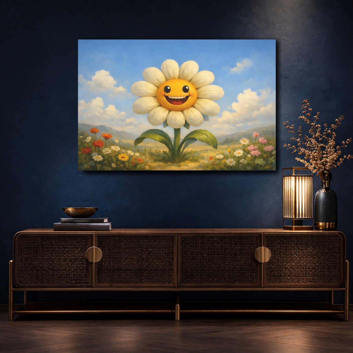 Mockup 4. Nature Smiling Flower Yellow White Flower shown as stretched canvas wall art