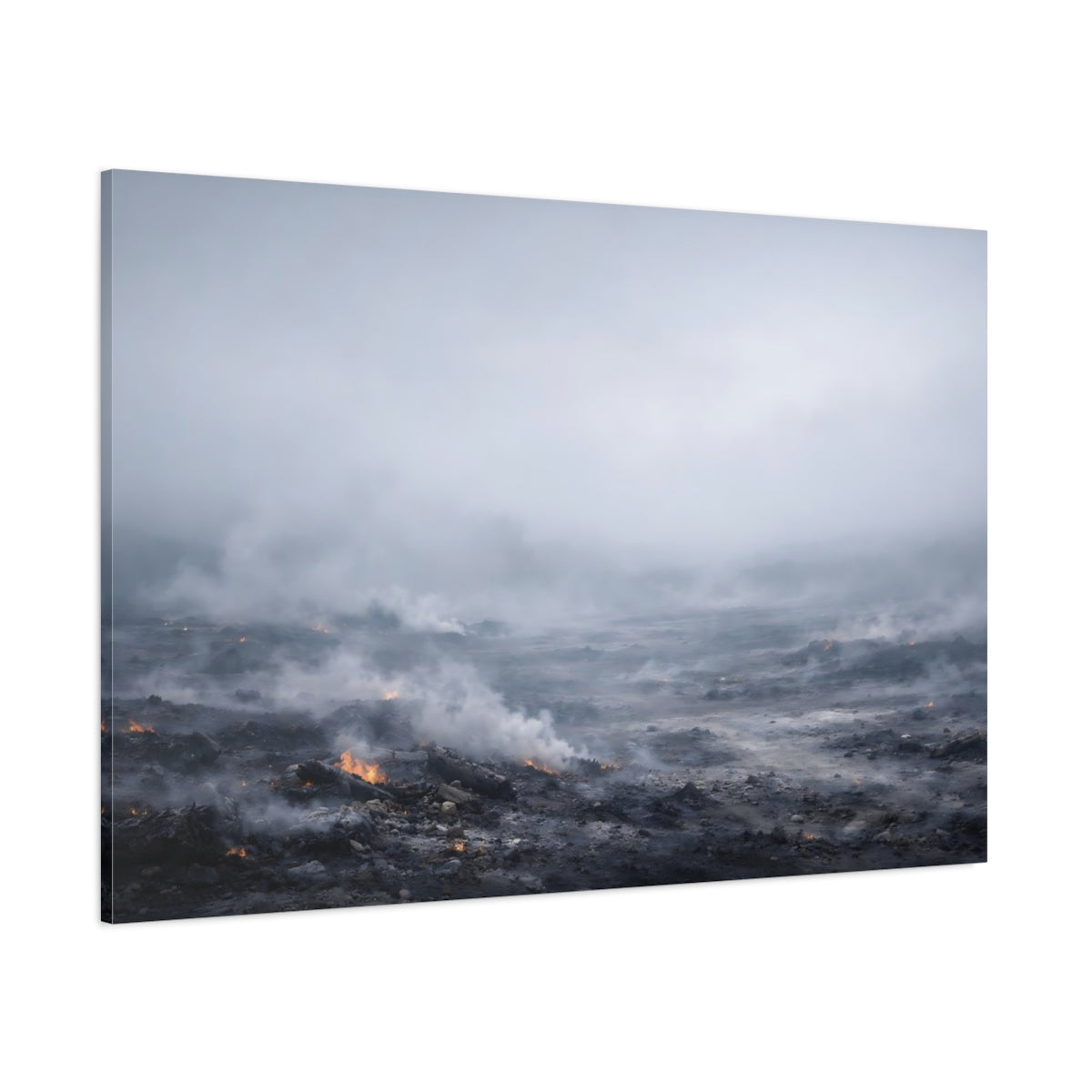 Side Mockup 1. Nature Smoldering Ground Grey Smoldering Landscape shown as stretched canvas wall art