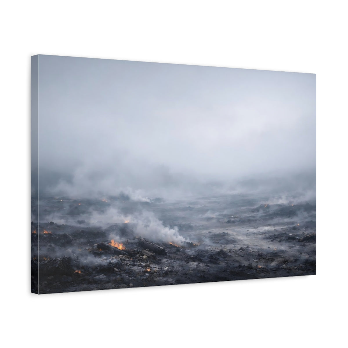 Side Mockup 3. Nature Smoldering Ground Grey Smoldering Landscape shown as stretched canvas wall art