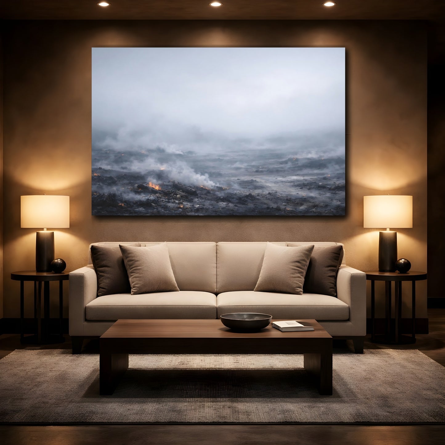 Mockup 2. Nature Smoldering Ground Grey Smoldering Landscape shown as stretched canvas wall art