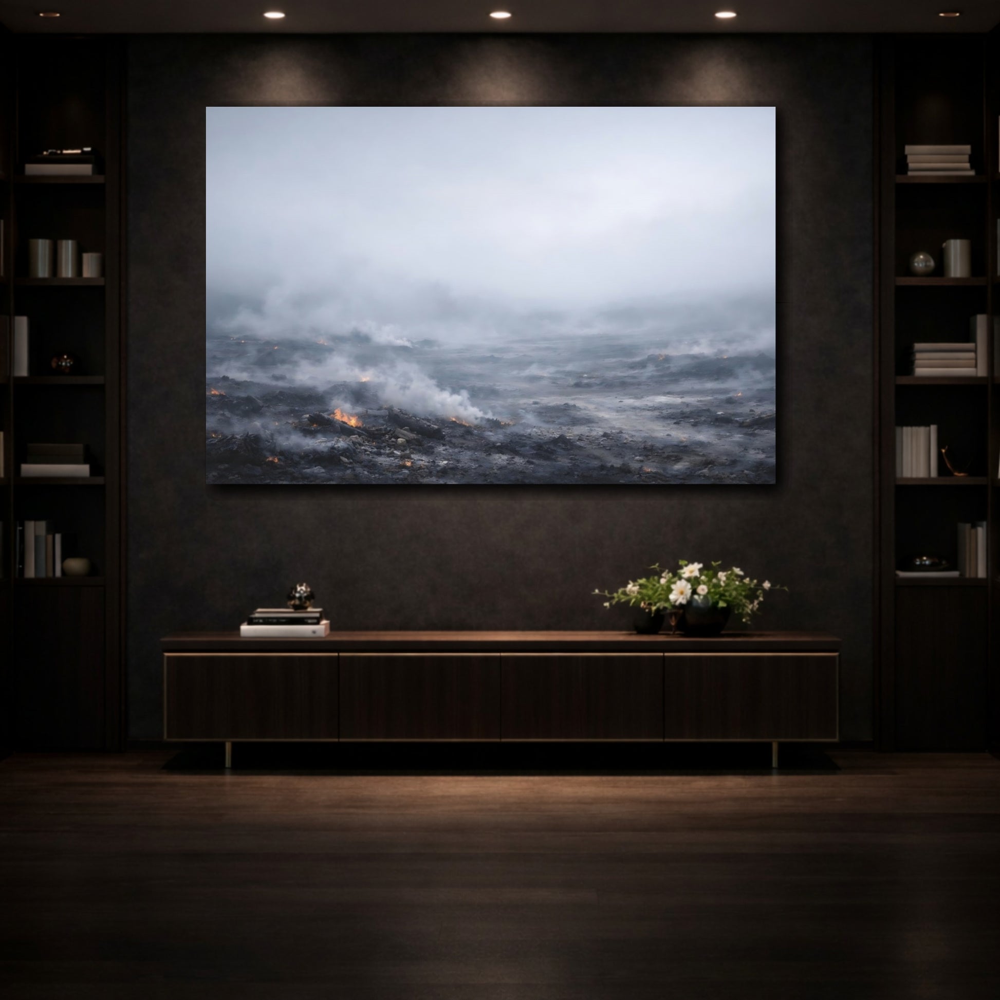Mockup 3. Nature Smoldering Ground Grey Smoldering Landscape shown as stretched canvas wall art