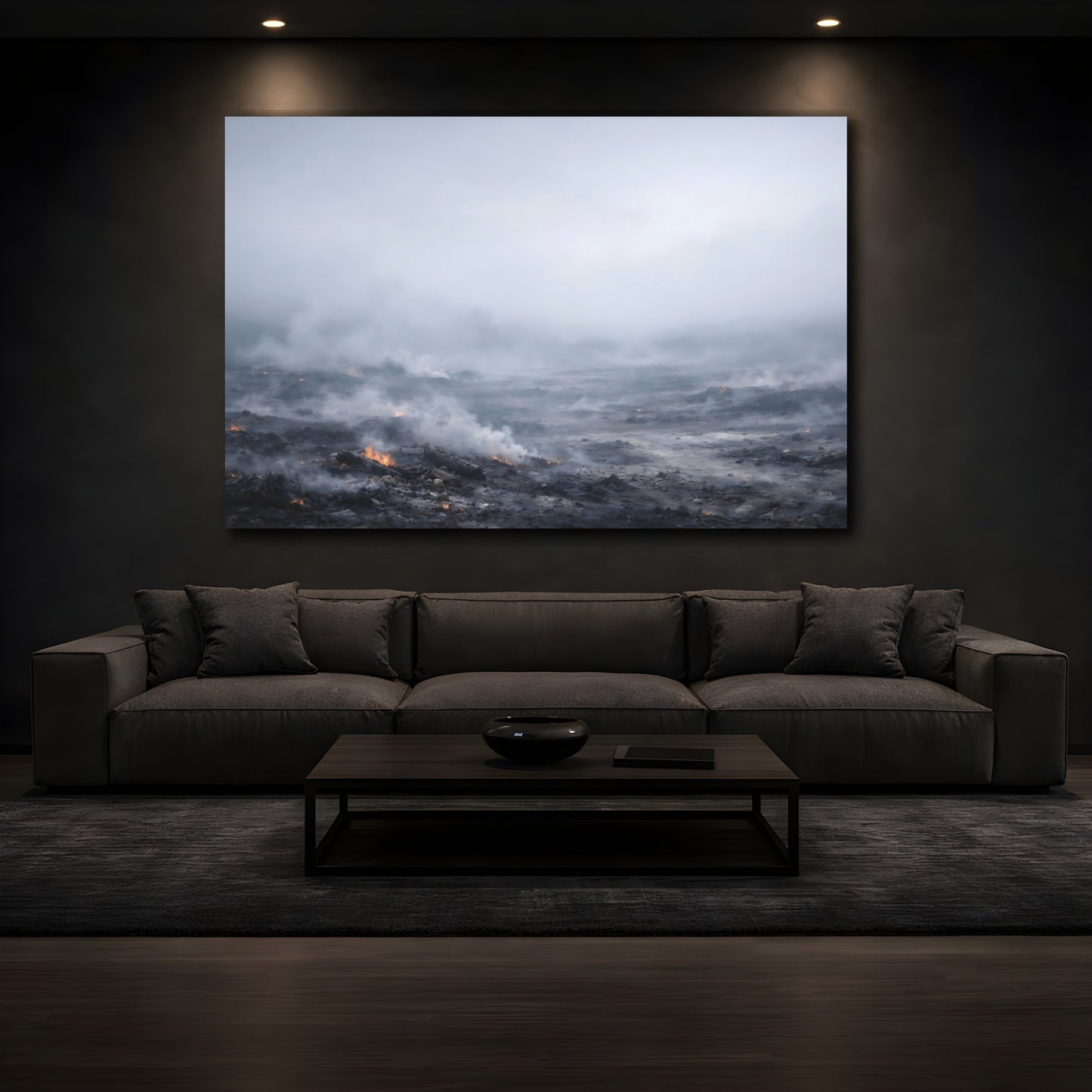 Mockup 4. Nature Smoldering Ground Grey Smoldering Landscape shown as stretched canvas wall art