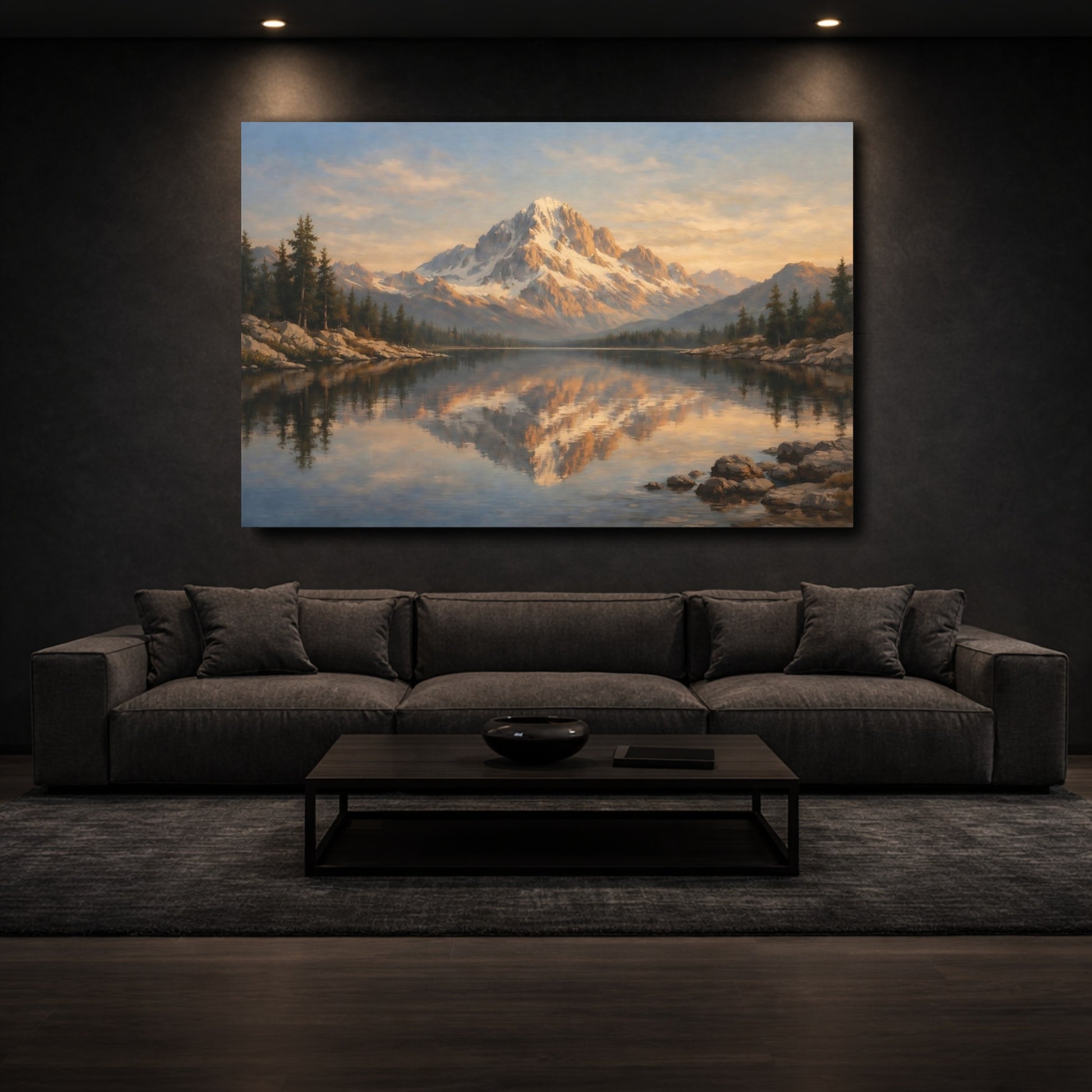 Mockup 2. Nature Snow Mountain Golden Mountain shown as stretched canvas wall art