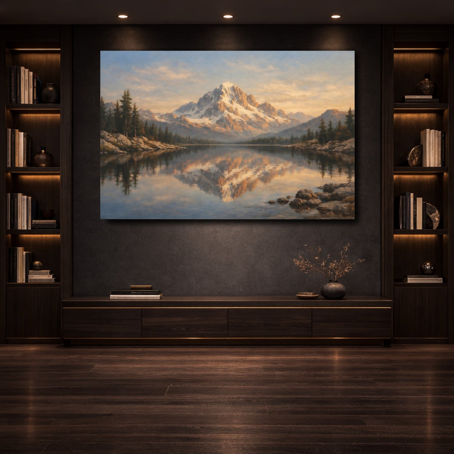 Mockup 3. Nature Snow Mountain Golden Mountain shown as stretched canvas wall art