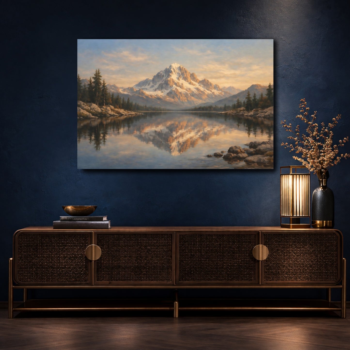 Mockup 4. Nature Snow Mountain Golden Mountain shown as stretched canvas wall art