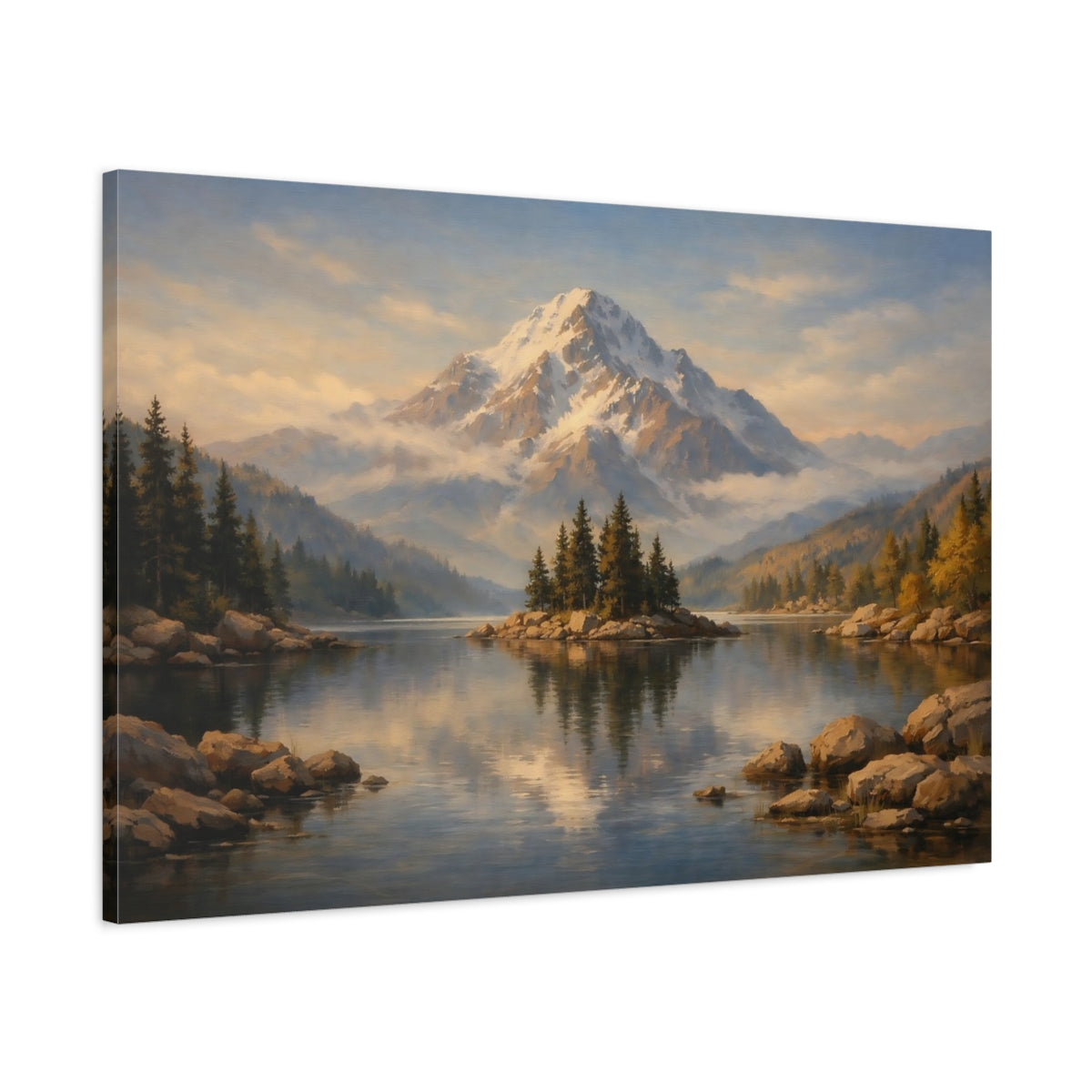 Side Mockup 1. Nature Snow Mountain Mountain Lake Landscape shown as stretched canvas wall art