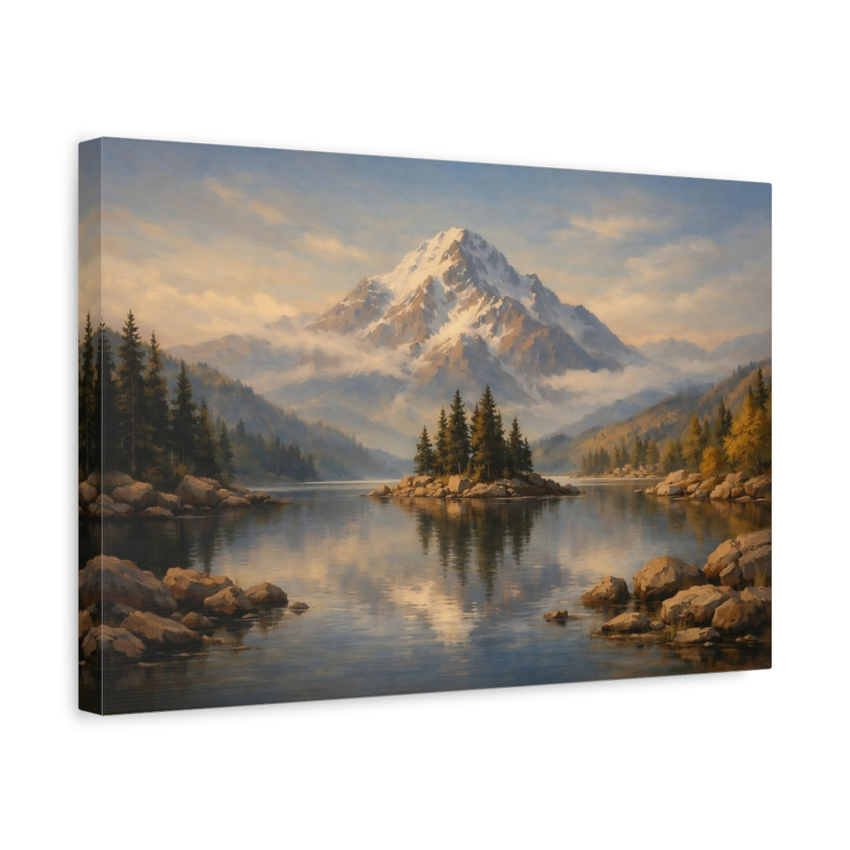 Side Mockup 4. Nature Snow Mountain Mountain Lake Landscape shown as stretched canvas wall art