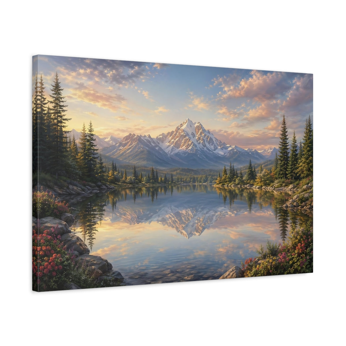 Side Mockup 2. Nature Snow Mountain Mountain Lake Sunset shown as stretched canvas wall art