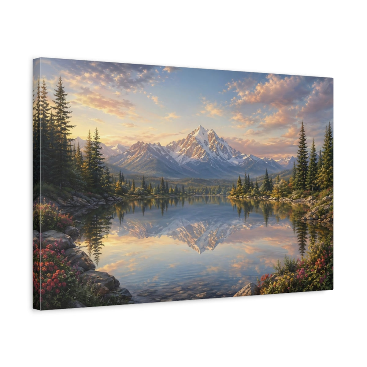Side Mockup 3. Nature Snow Mountain Mountain Lake Sunset shown as stretched canvas wall art