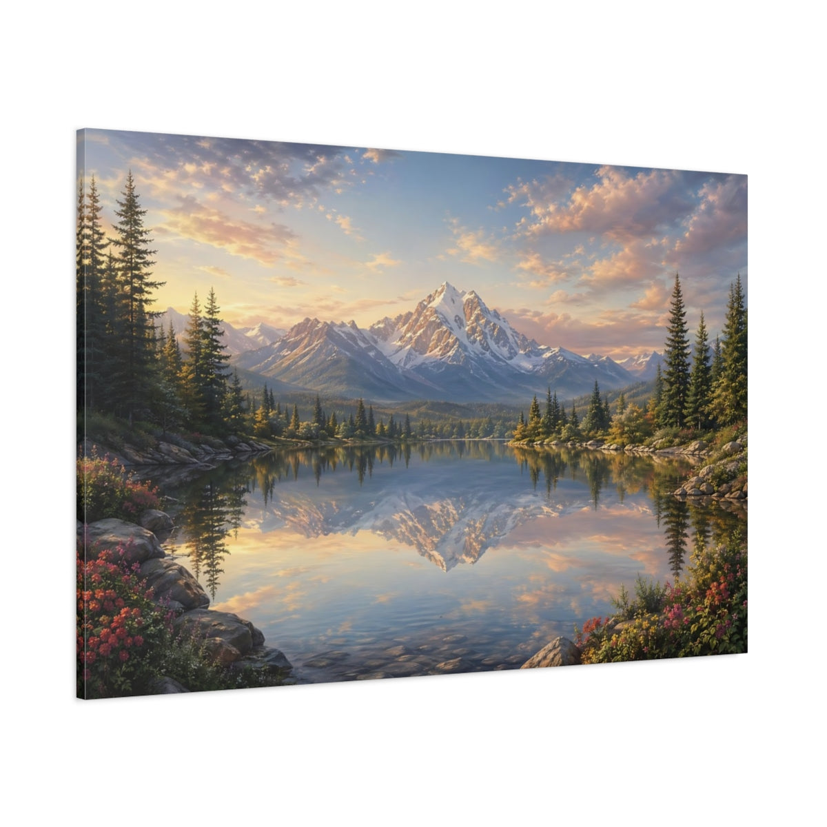 Side Mockup 1. Nature Snow Mountain Mountain Lake Sunset shown as stretched canvas wall art