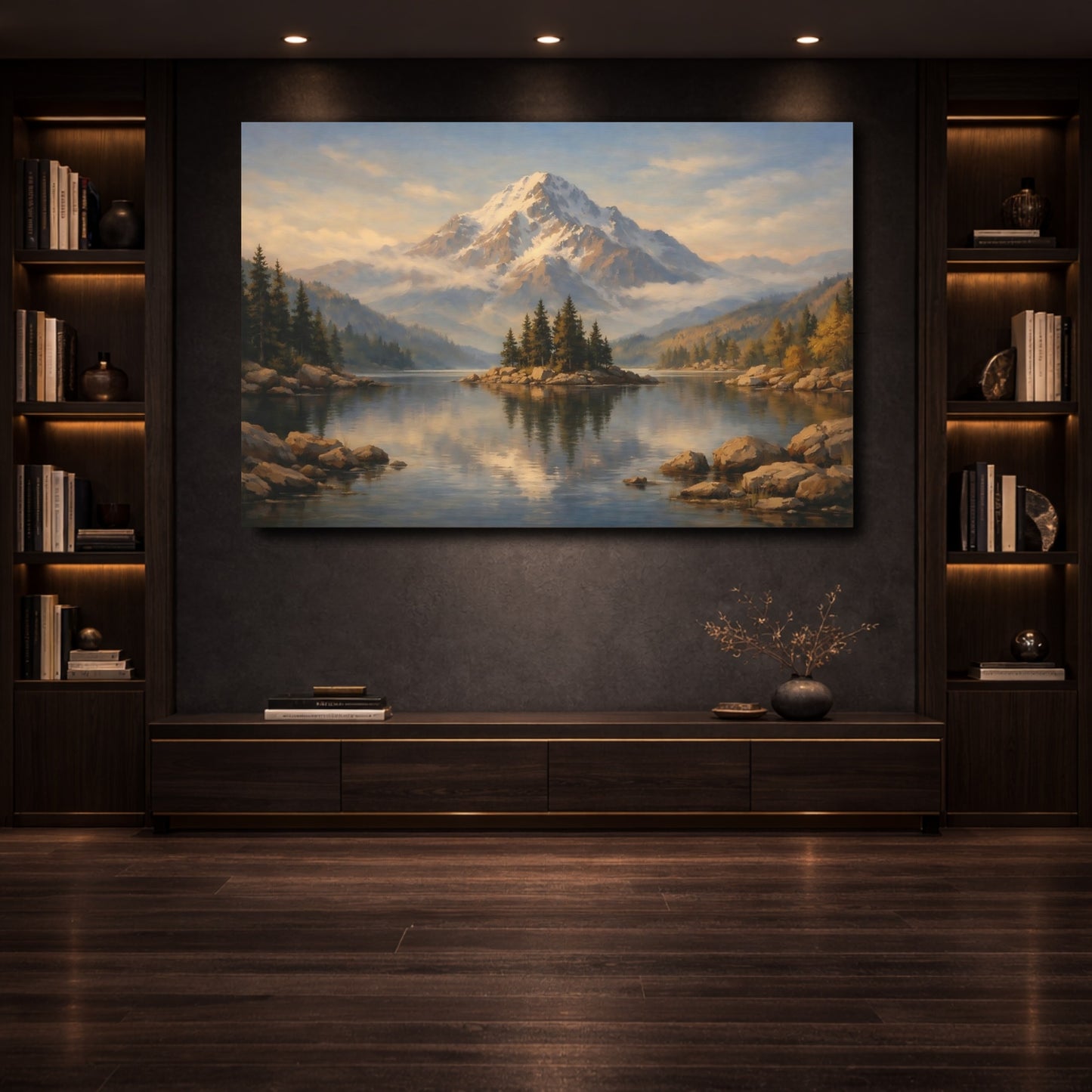Mockup 3. Nature Snow Mountain Mountain Lake Landscape shown as stretched canvas wall art