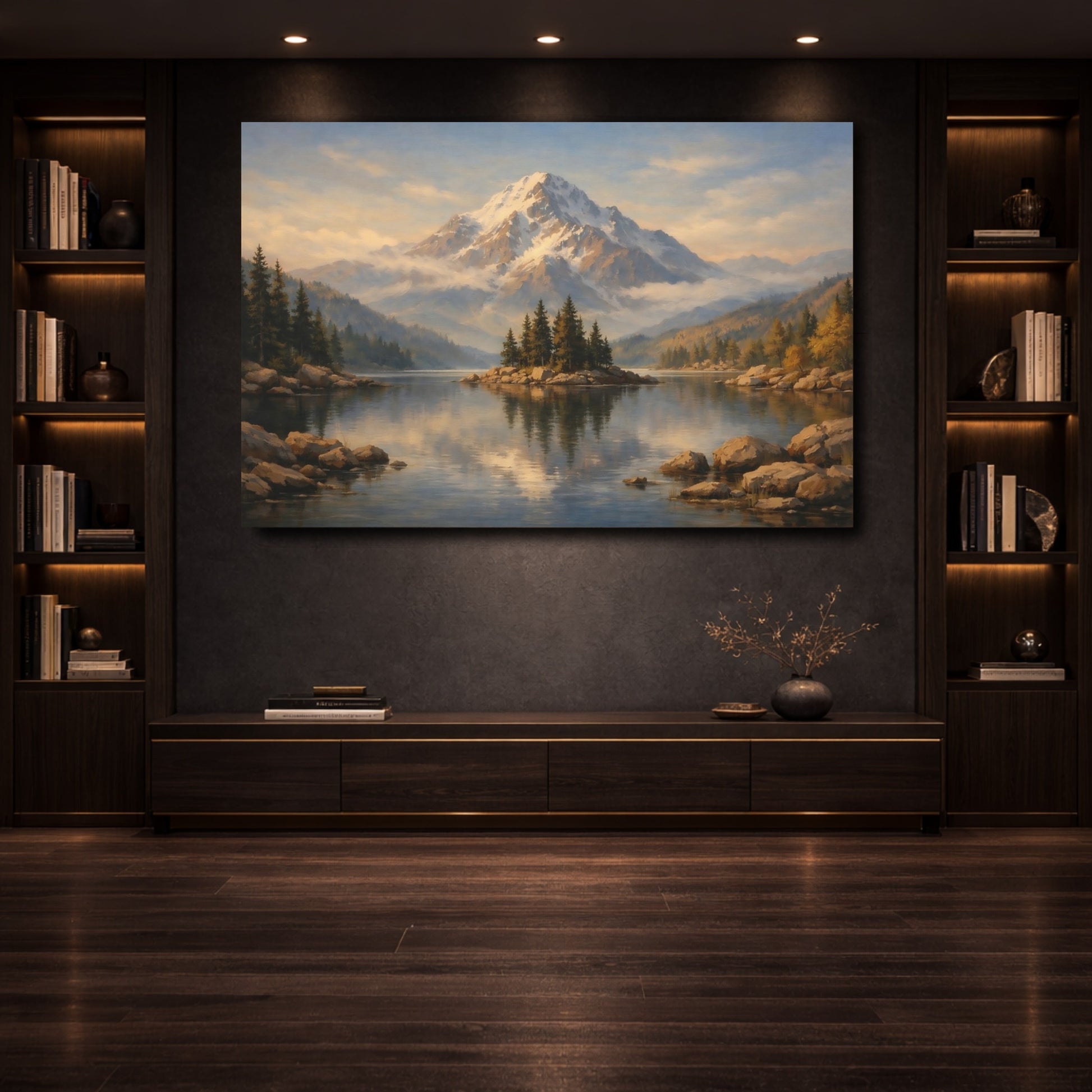 Mockup 3. Nature Snow Mountain Mountain Lake Landscape shown as stretched canvas wall art