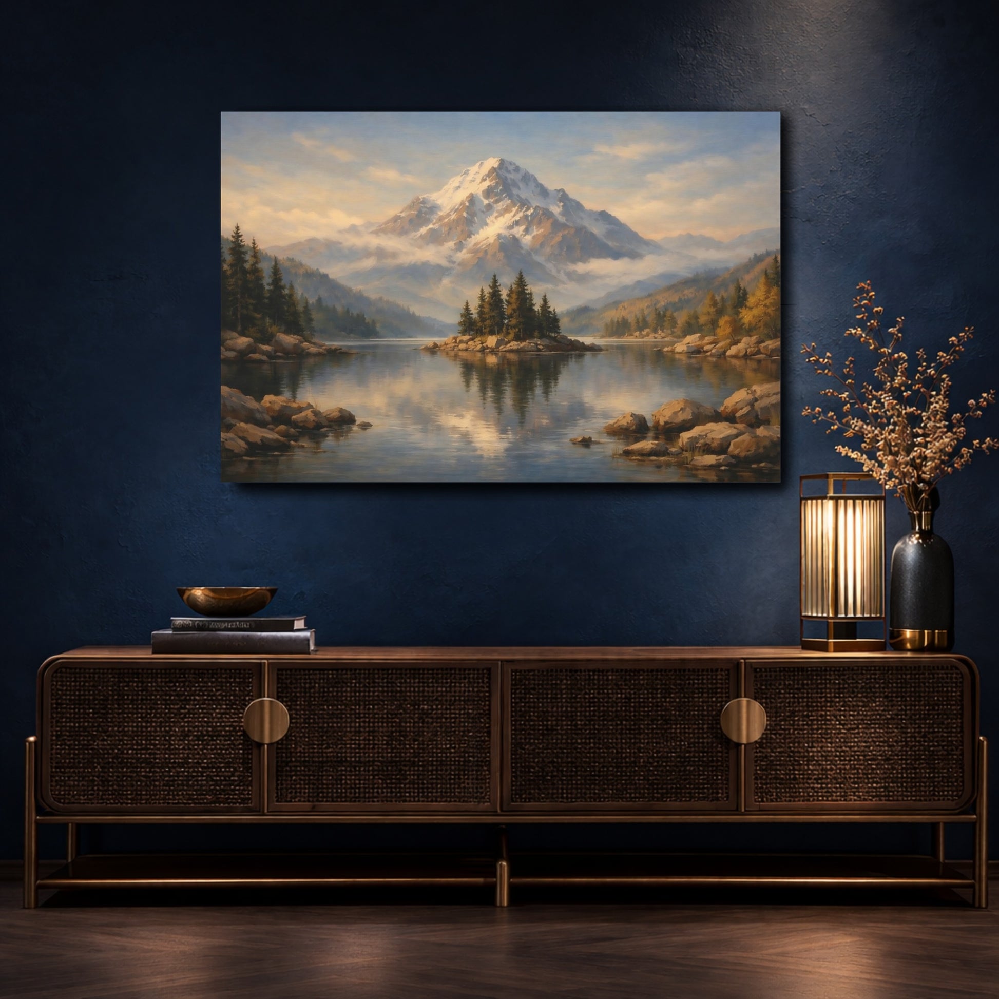 Mockup 4. Nature Snow Mountain Mountain Lake Landscape shown as stretched canvas wall art