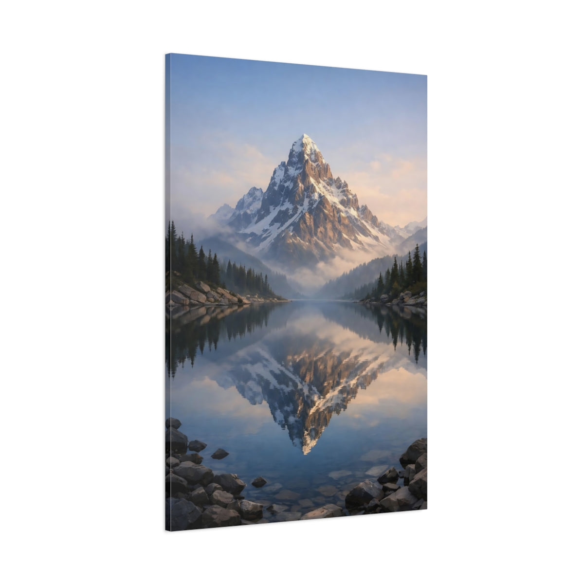 Main Mockup. Nature Snow Mountain Mountain Lake Reflection shown as stretched canvas wall art