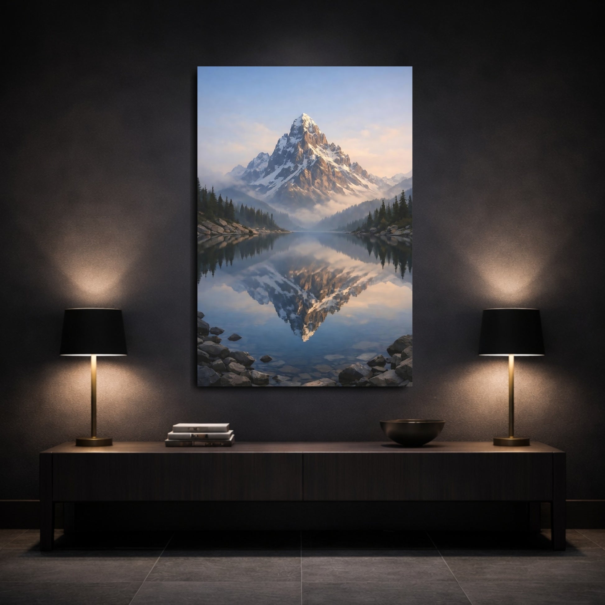 Mockup 2. Nature Snow Mountain Mountain Lake Reflection shown as stretched canvas wall art