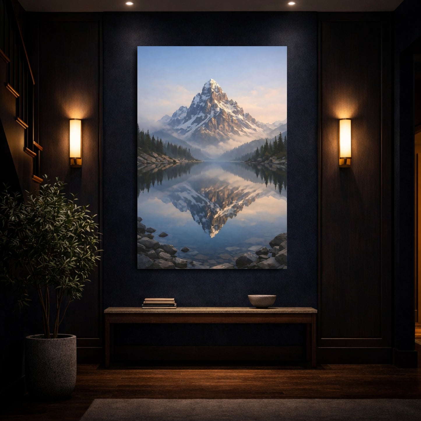 Mockup 3. Nature Snow Mountain Mountain Lake Reflection shown as stretched canvas wall art