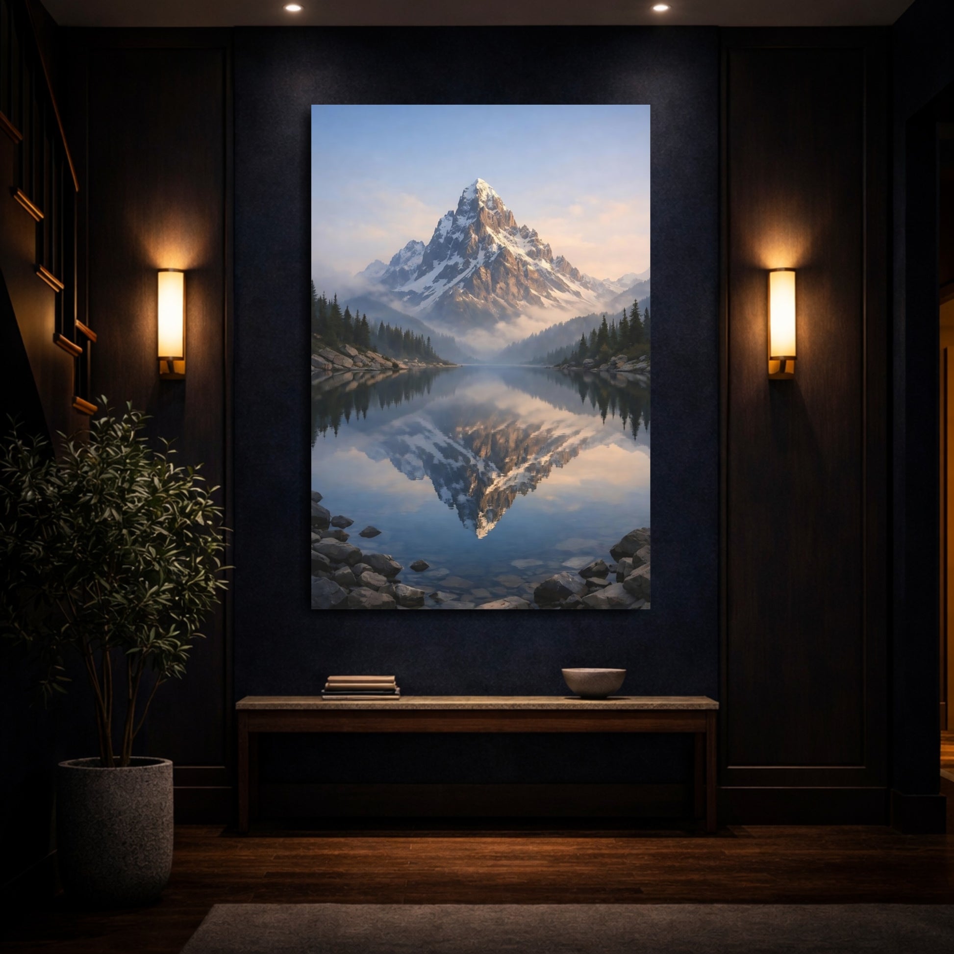 Mockup 3. Nature Snow Mountain Mountain Lake Reflection shown as stretched canvas wall art