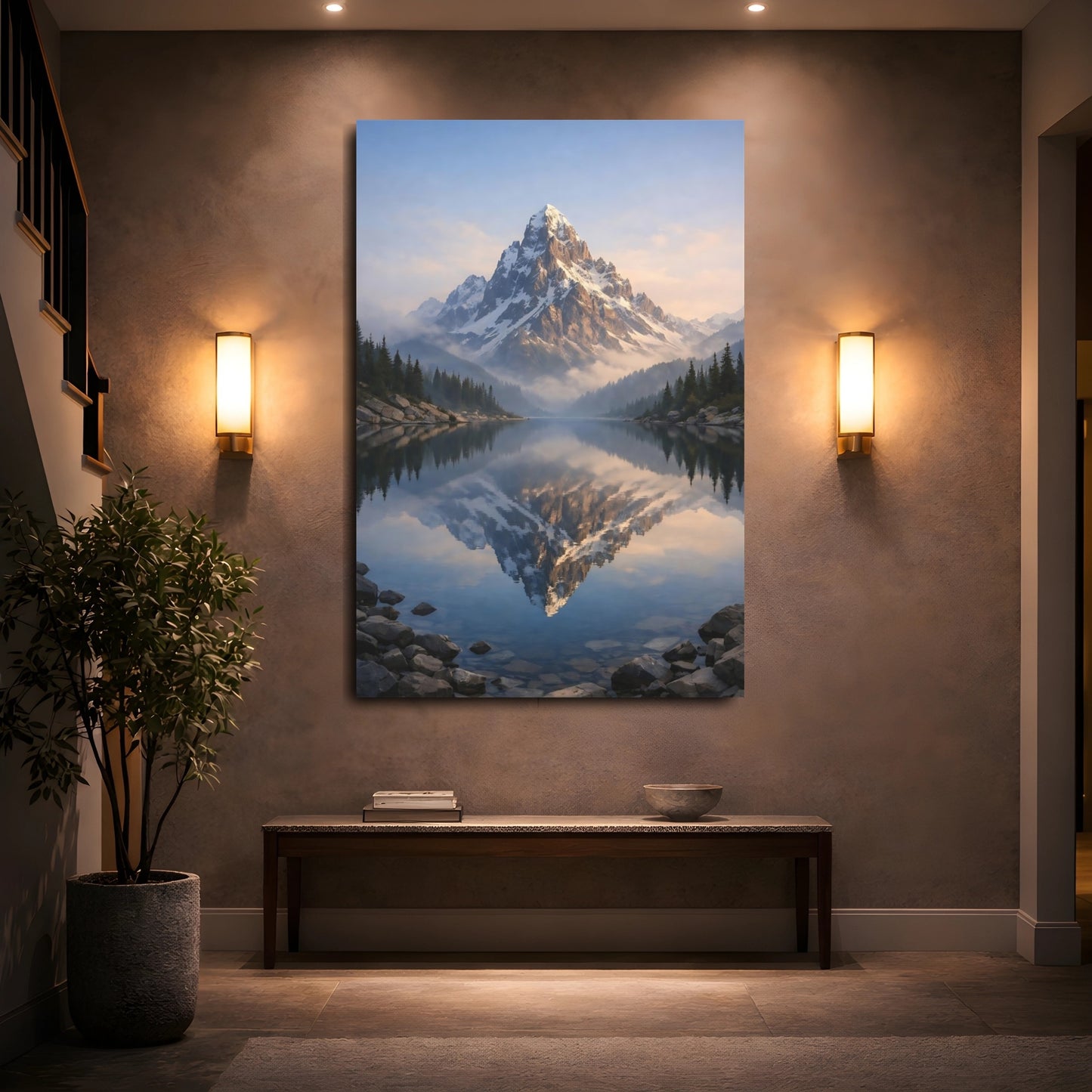 Mockup 4. Nature Snow Mountain Mountain Lake Reflection shown as stretched canvas wall art