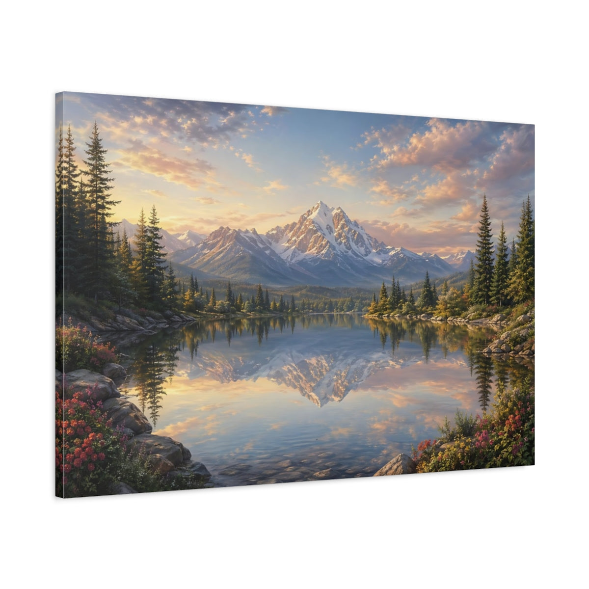 Main Mockup. Nature Snow Mountain Mountain Lake Sunset shown as stretched canvas wall art