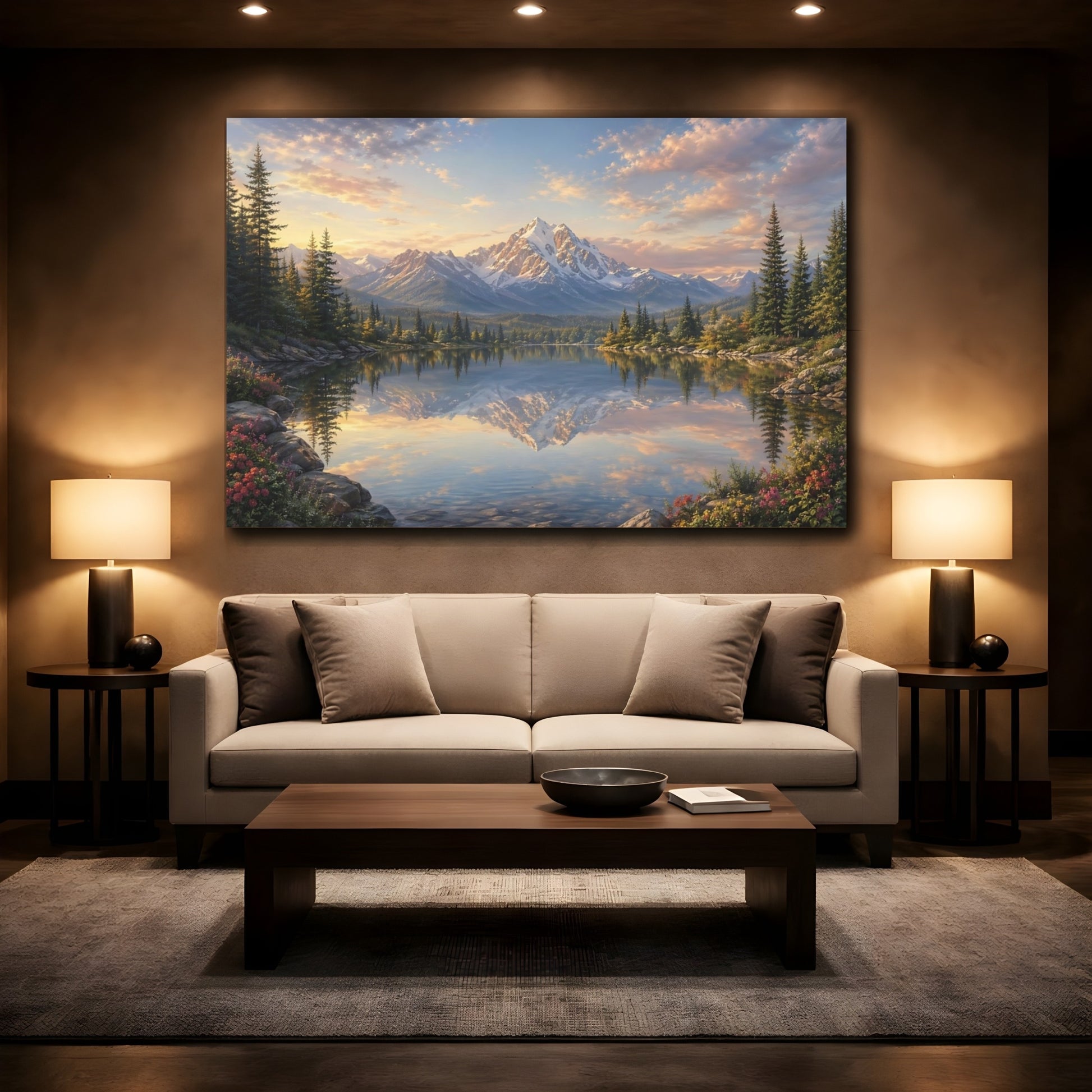 Mockup 2. Nature Snow Mountain Mountain Lake Sunset shown as stretched canvas wall art