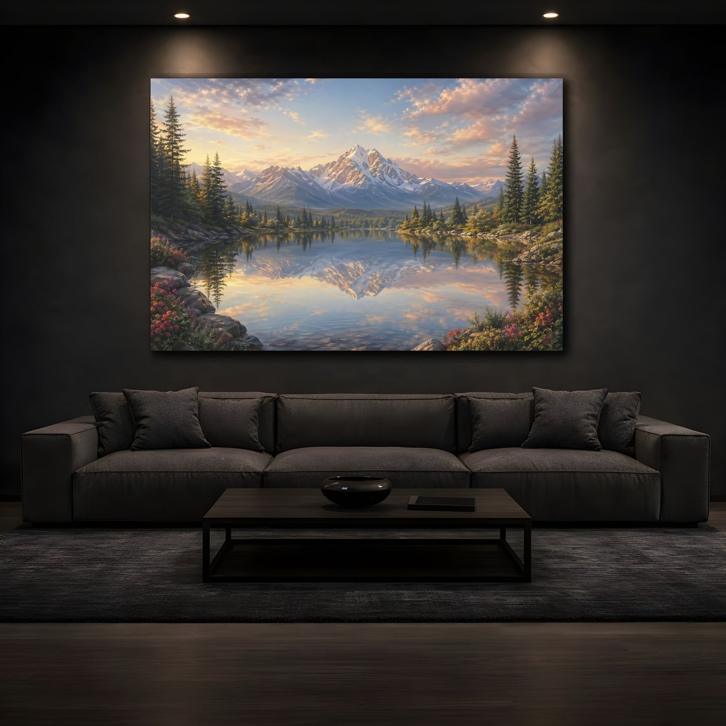 Mockup 3. Nature Snow Mountain Mountain Lake Sunset shown as stretched canvas wall art