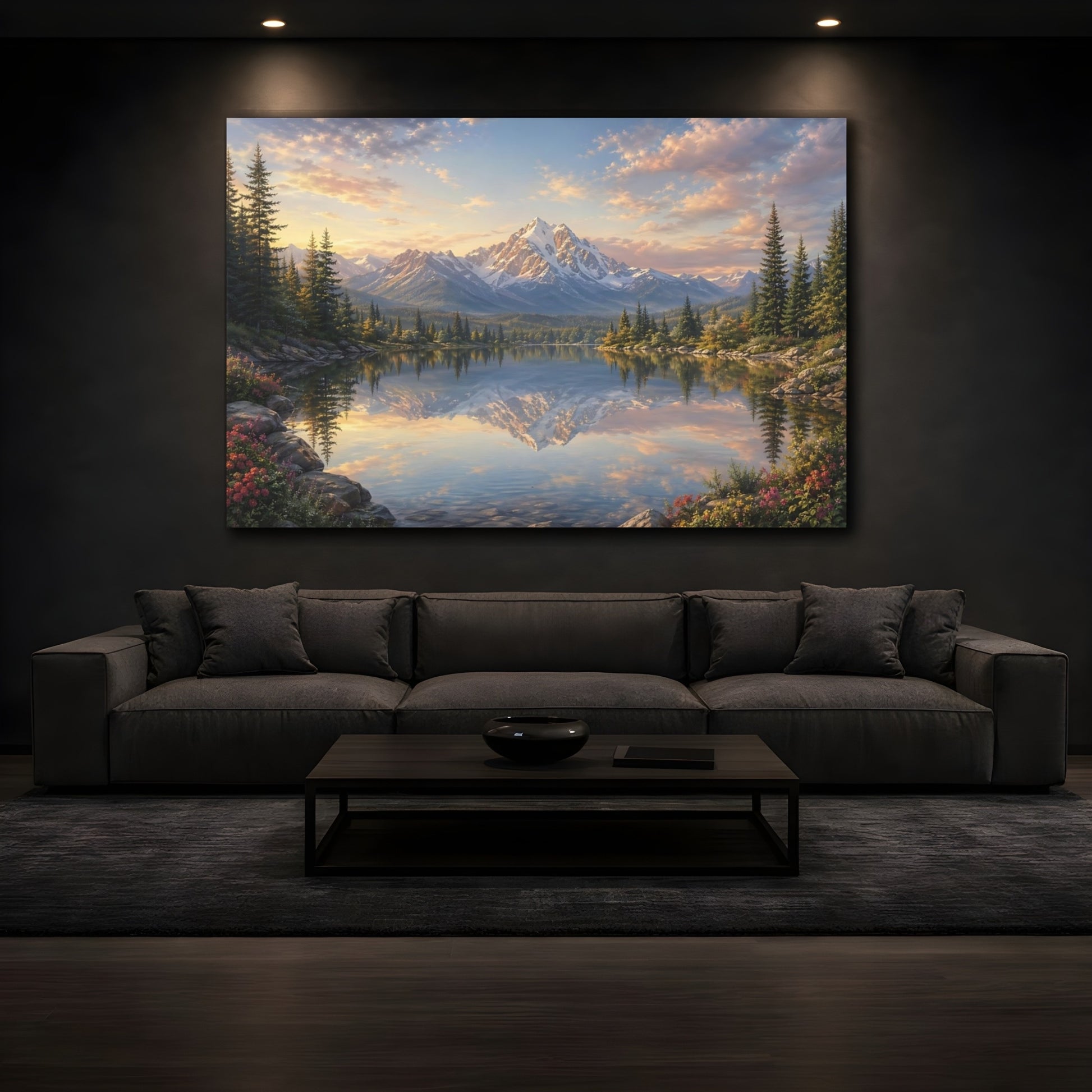 Mockup 3. Nature Snow Mountain Mountain Lake Sunset shown as stretched canvas wall art