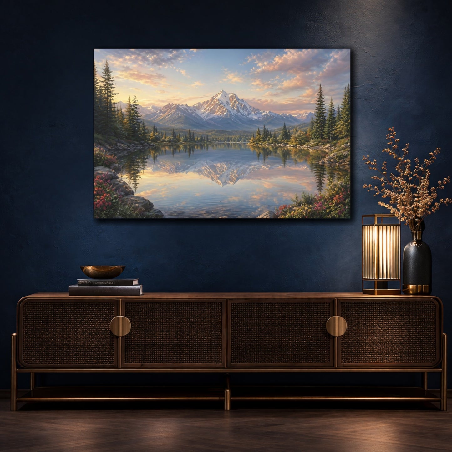 Mockup 4. Nature Snow Mountain Mountain Lake Sunset shown as stretched canvas wall art