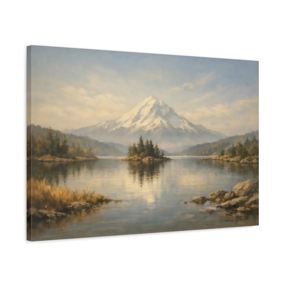 Side Mockup 2. Nature Snow Mountain Snowy Mountain Lake shown as stretched canvas wall art