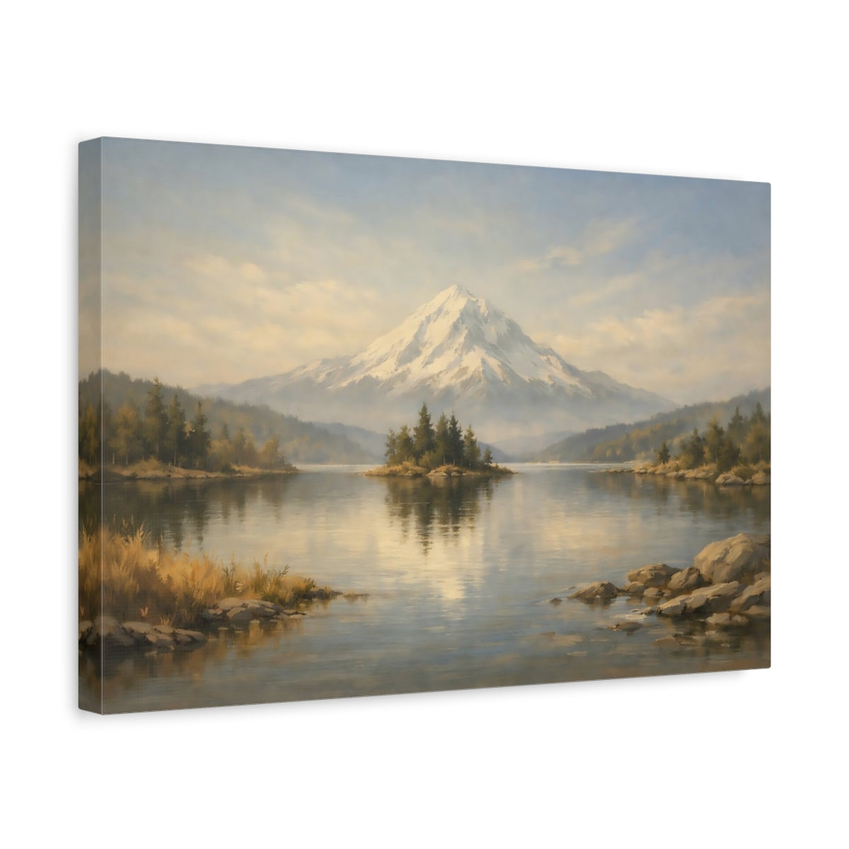 Side Mockup 4. Nature Snow Mountain Snowy Mountain Lake shown as stretched canvas wall art