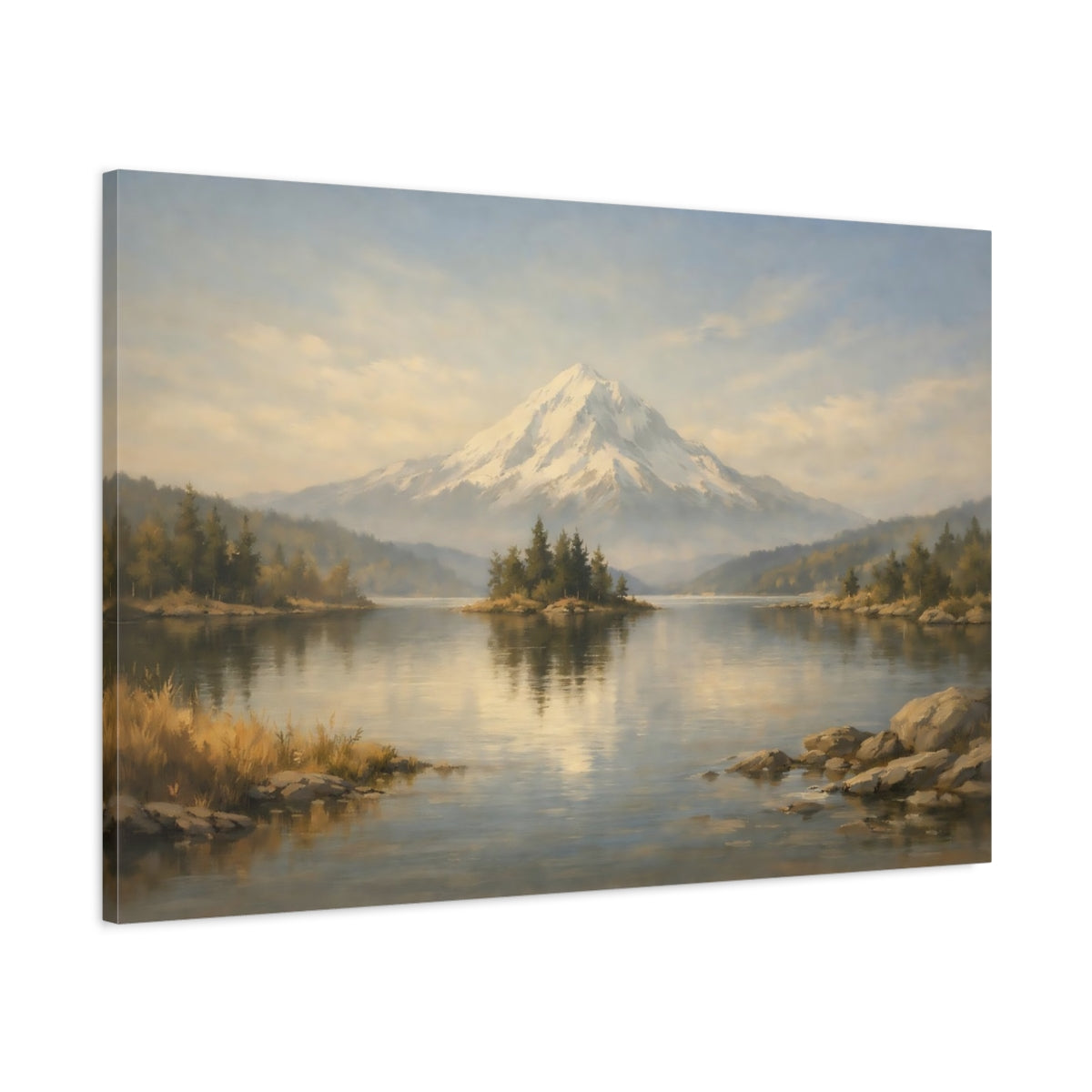 Side Mockup 1. Nature Snow Mountain Snowy Mountain Lake shown as stretched canvas wall art