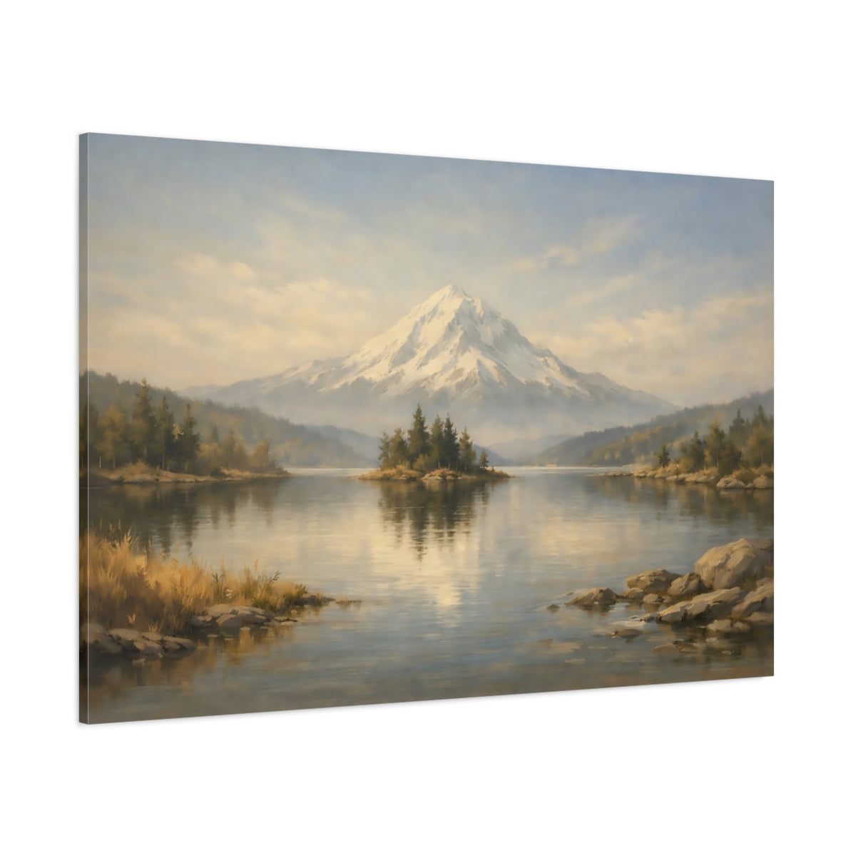Main Mockup. Nature Snow Mountain Snowy Mountain Lake shown as stretched canvas wall art