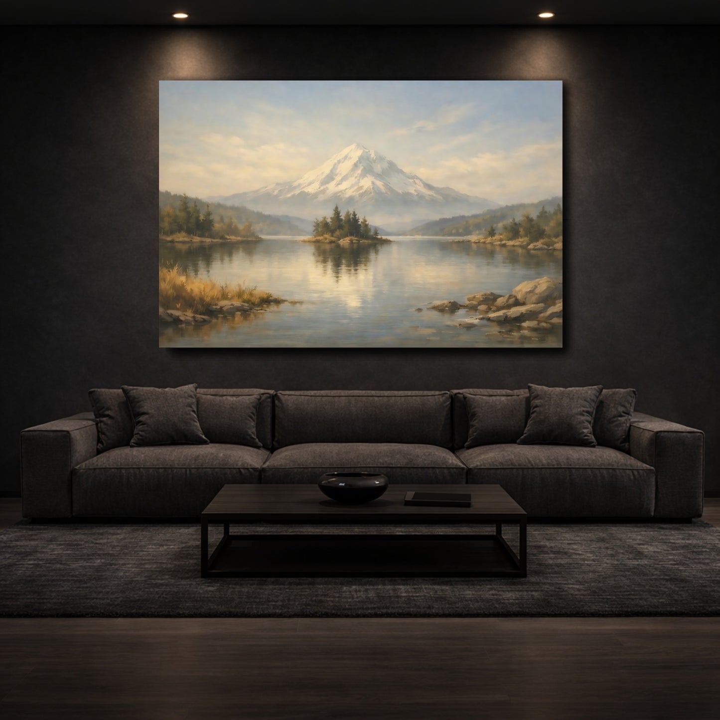 Mockup 2. Nature Snow Mountain Snowy Mountain Lake shown as stretched canvas wall art