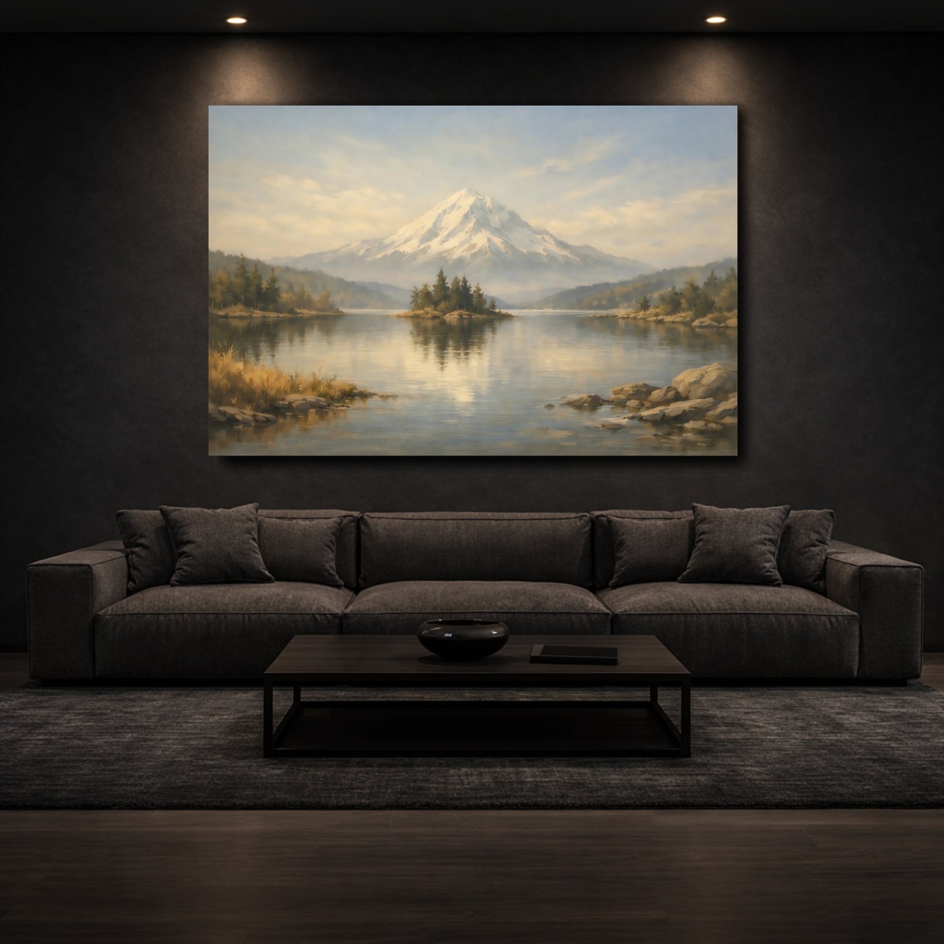 Mockup 2. Nature Snow Mountain Snowy Mountain Lake shown as stretched canvas wall art