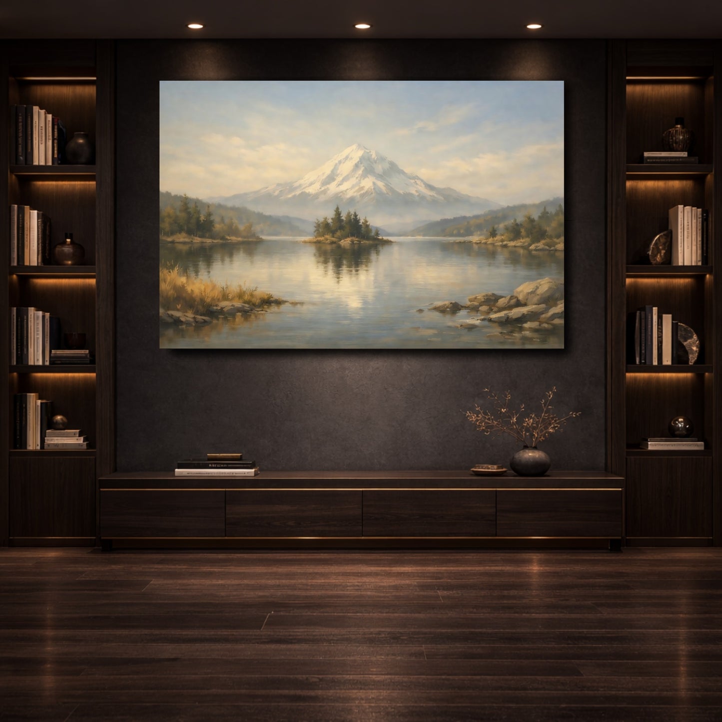 Mockup 3. Nature Snow Mountain Snowy Mountain Lake shown as stretched canvas wall art