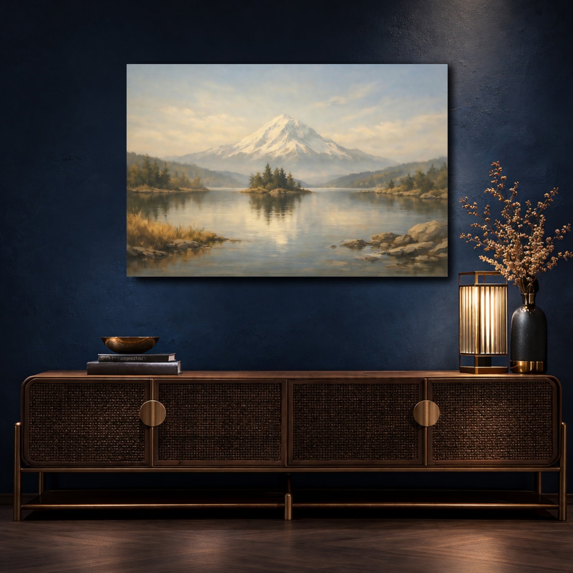 Mockup 4. Nature Snow Mountain Snowy Mountain Lake shown as stretched canvas wall art