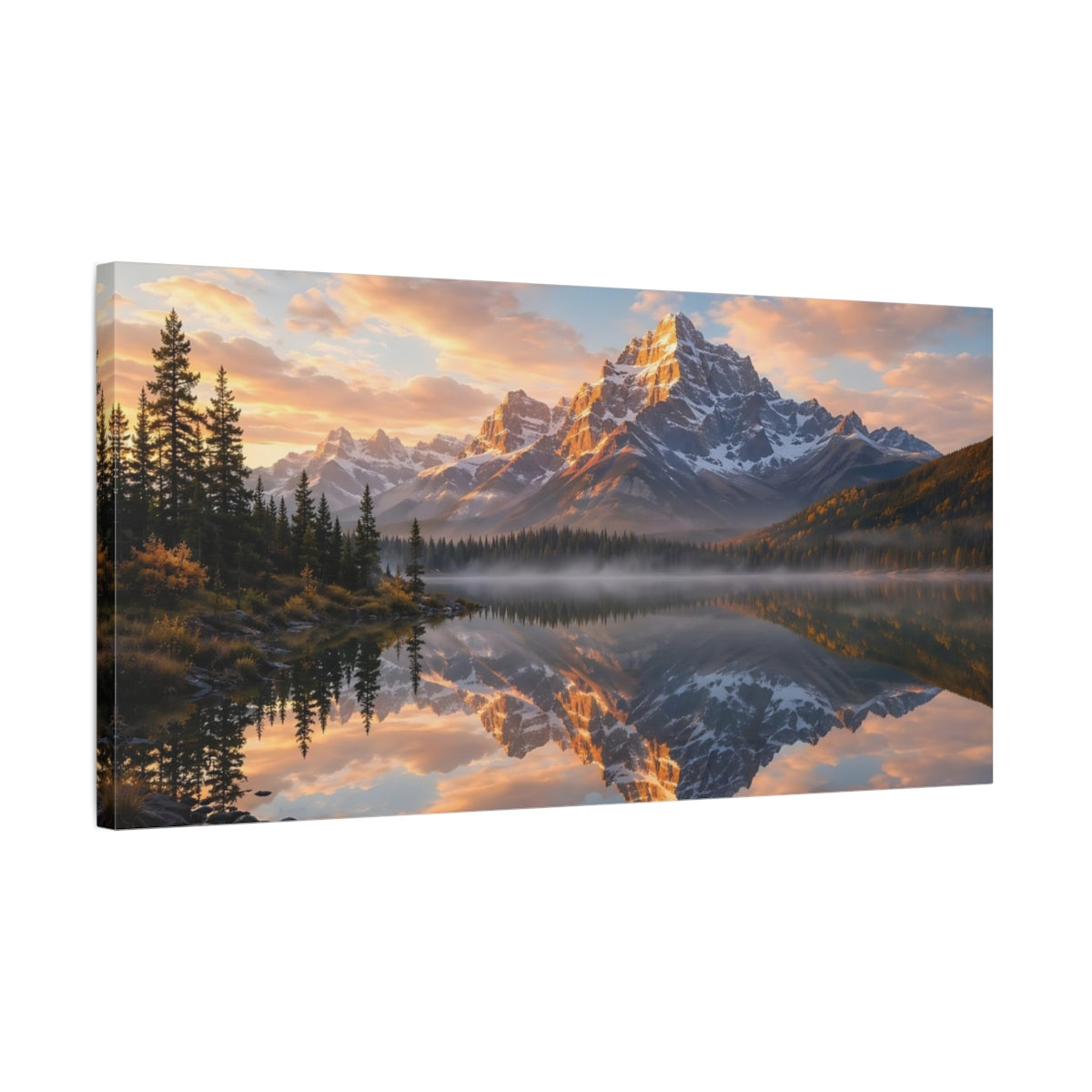 Side Mockup 1. Nature Snow Mountains Mountain Lake Sunset shown as stretched canvas wall art