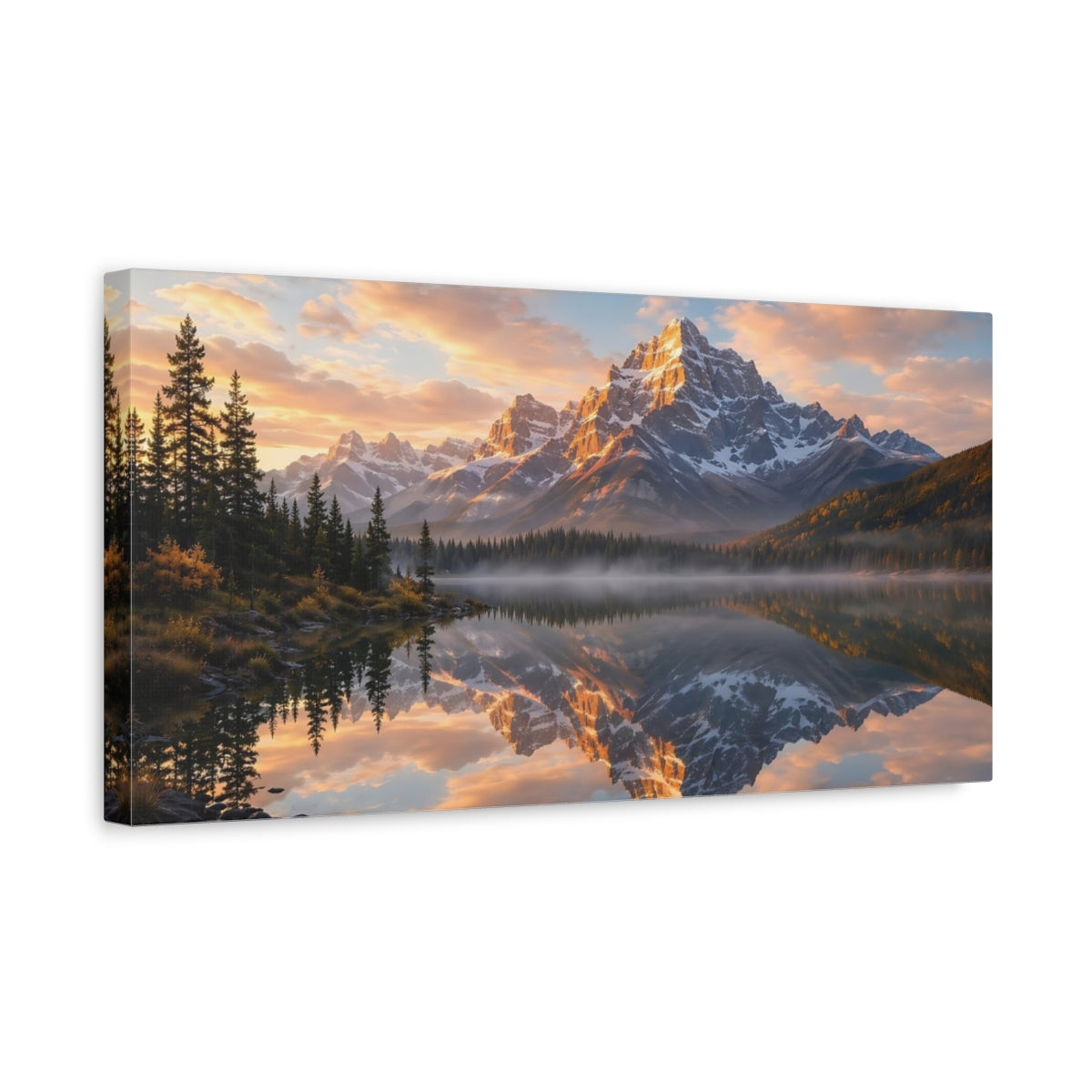 Side Mockup 3. Nature Snow Mountains Mountain Lake Sunset shown as stretched canvas wall art