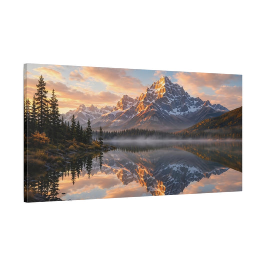 Main Mockup. Nature Snow Mountains Mountain Lake Sunset shown as stretched canvas wall art