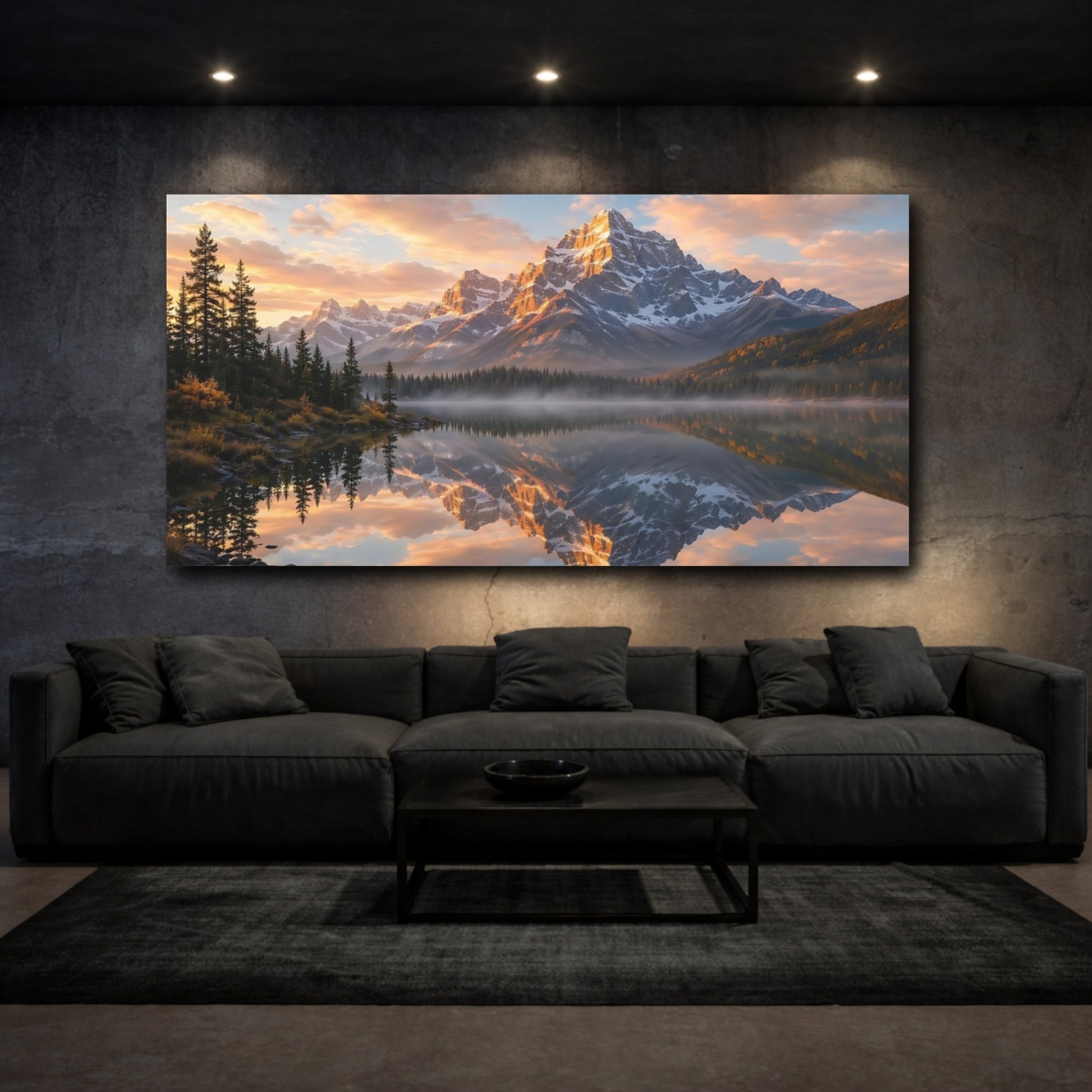 Mockup 2. Nature Snow Mountains Mountain Lake Sunset shown as stretched canvas wall art