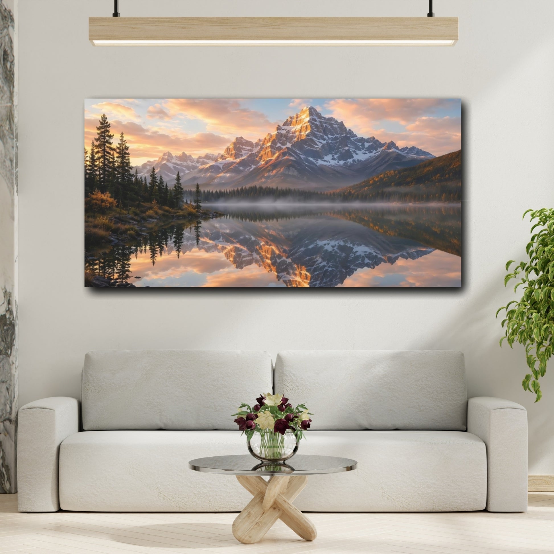 Mockup 3. Nature Snow Mountains Mountain Lake Sunset shown as stretched canvas wall art