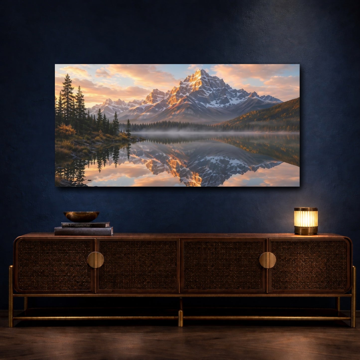 Mockup 4. Nature Snow Mountains Mountain Lake Sunset shown as stretched canvas wall art