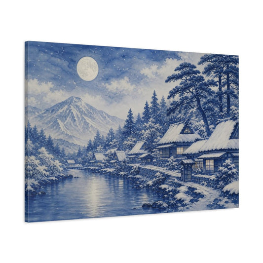 Nature Snow Village Moonlit Canvas Print – watercolor living room, Feature Wall - YesArtYes