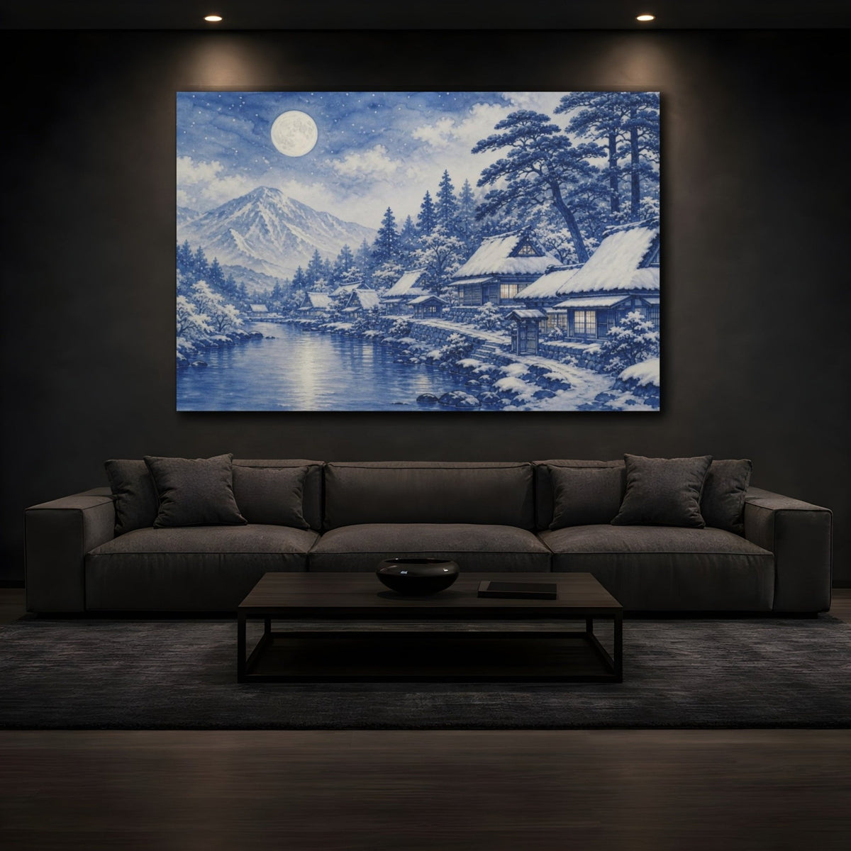 Nature Snow Village Moonlit Canvas Print – watercolor living room, Feature Wall - YesArtYes