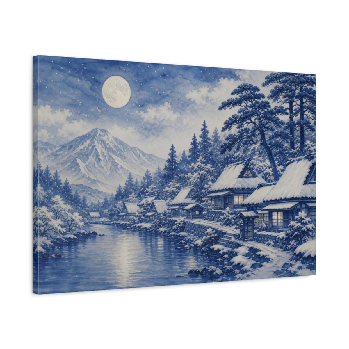 Side Mockup 2. Nature Snow Village Moonlit Snow Village shown as canvas print