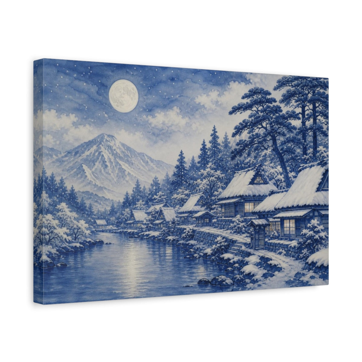 Side Mockup 4. Nature Snow Village Moonlit Snow Village shown as canvas print