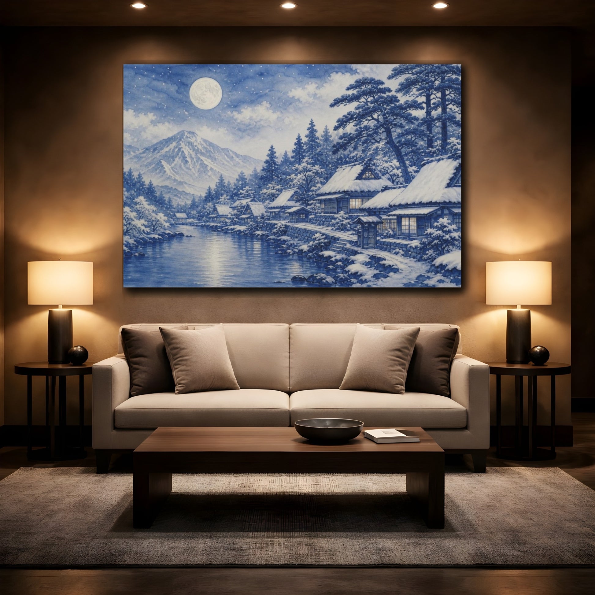 Mockup 2. Nature Snow Village Moonlit Snow Village shown as canvas print