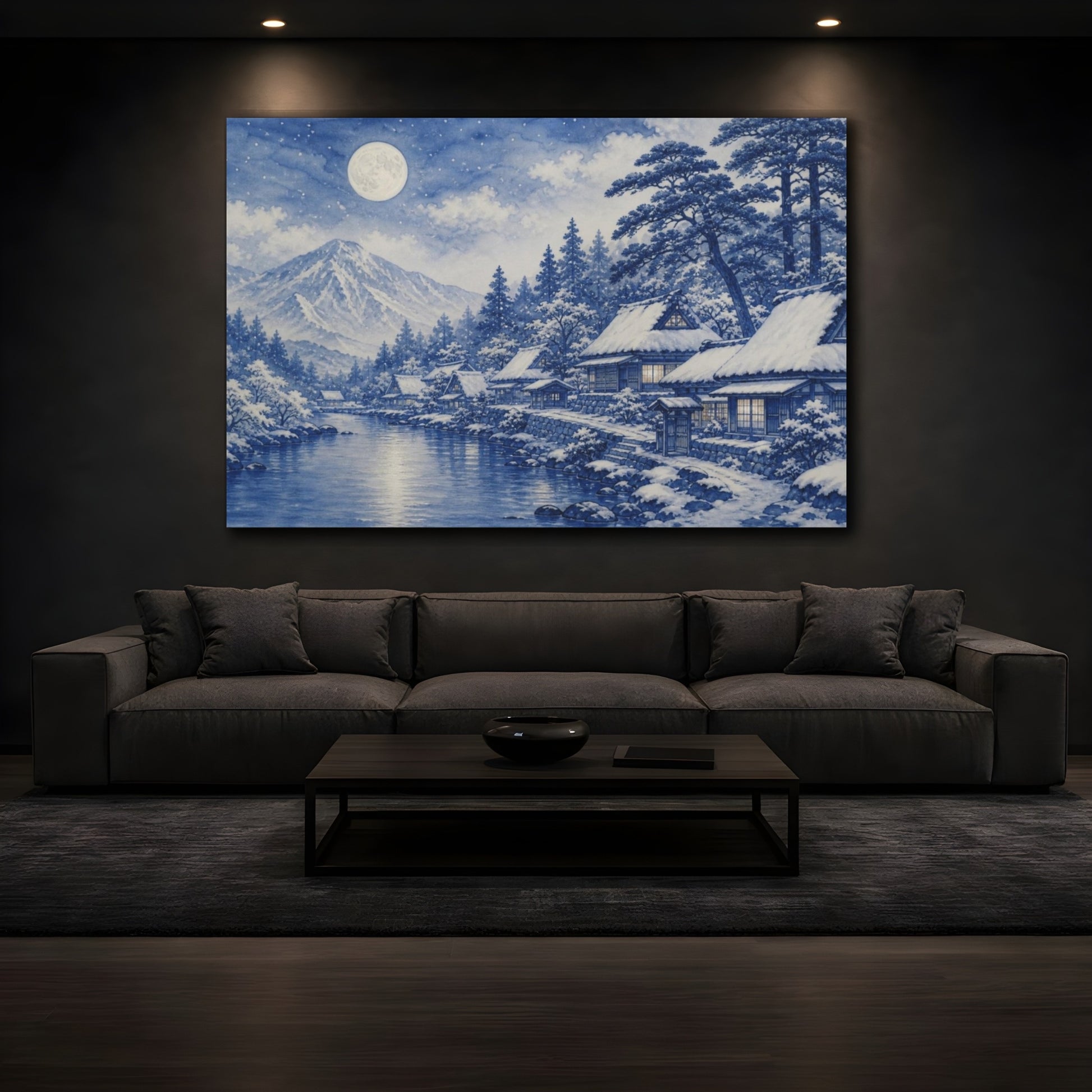 Mockup 3. Nature Snow Village Moonlit Snow Village shown as canvas print