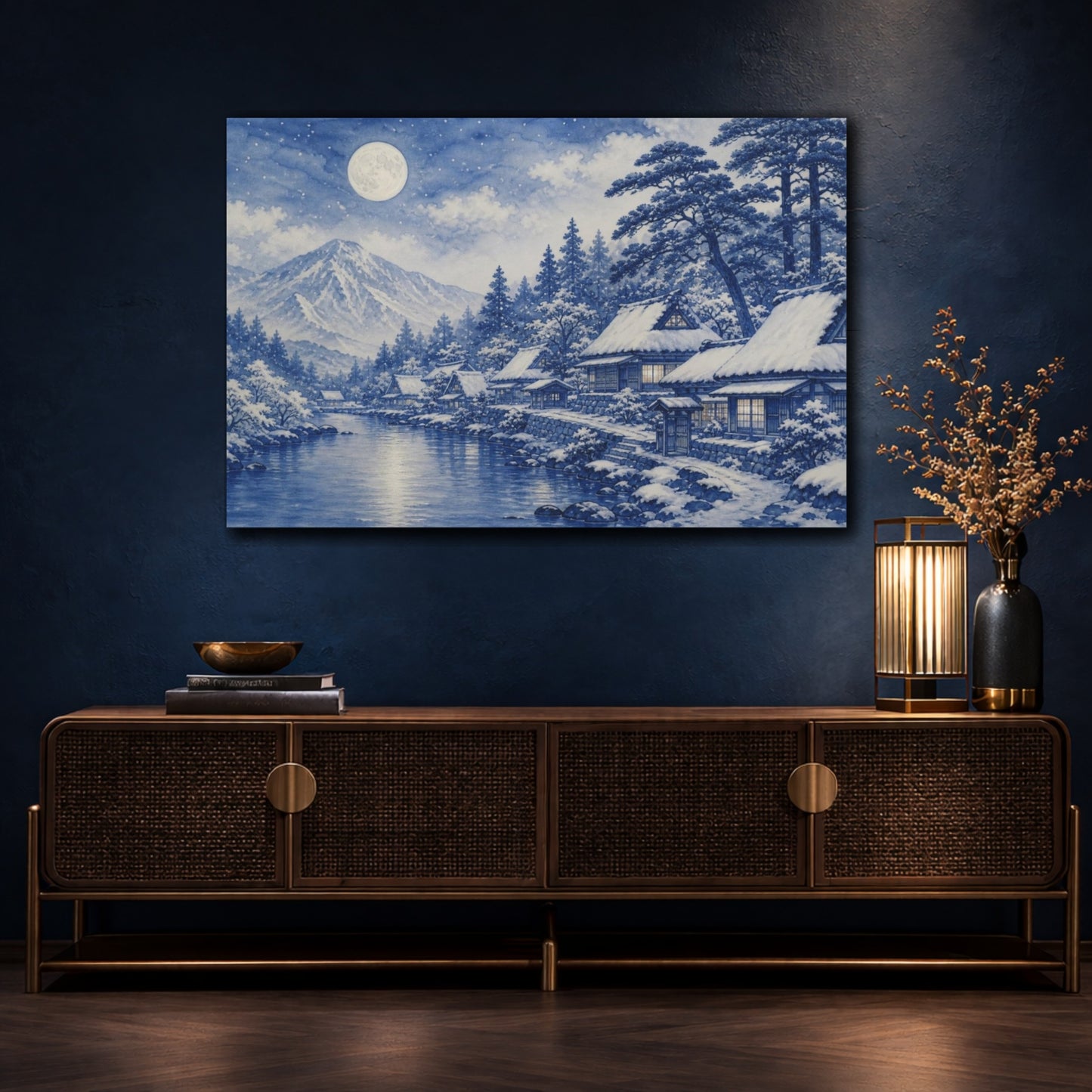 Mockup 4. Nature Snow Village Moonlit Snow Village shown as canvas print