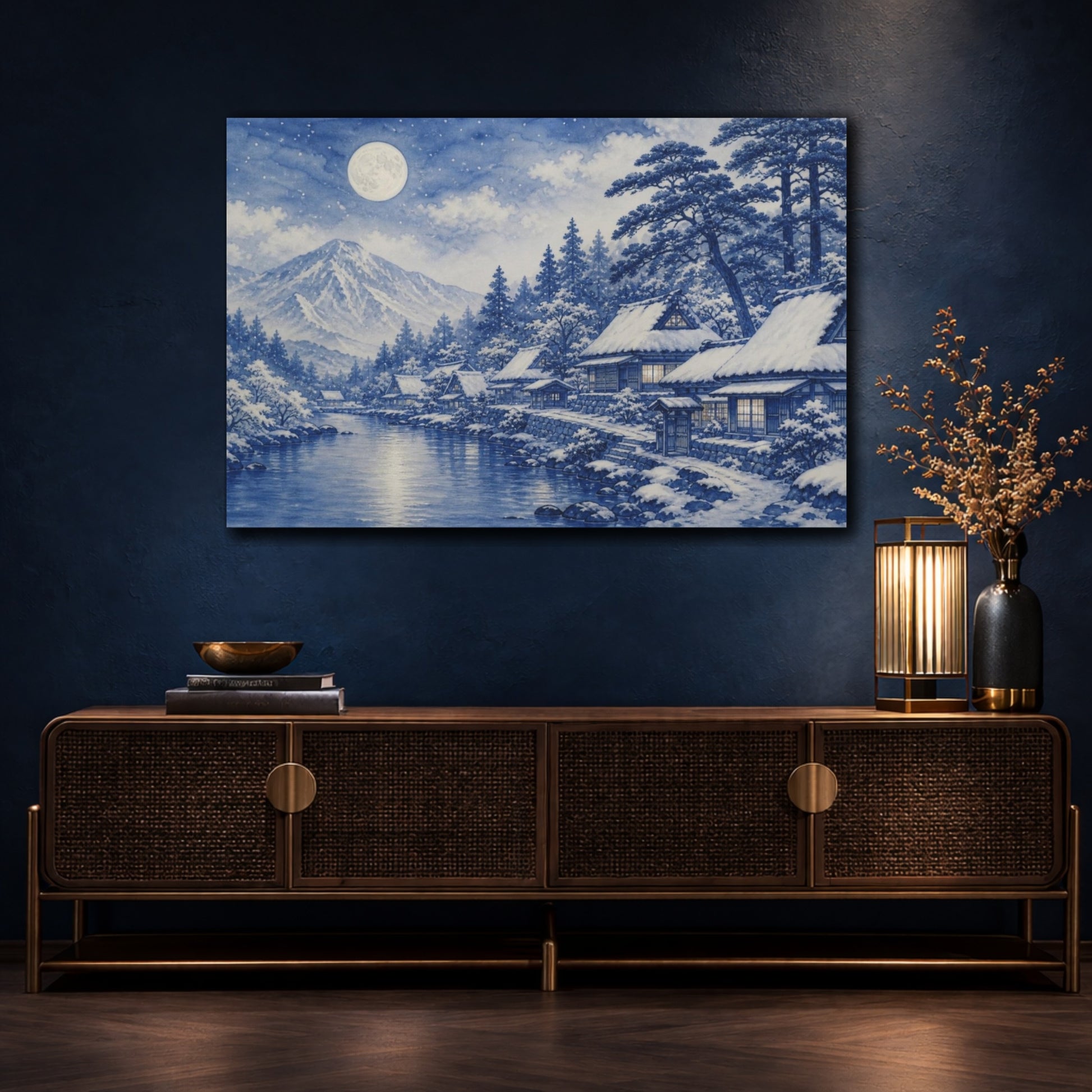 Mockup 4. Nature Snow Village Moonlit Snow Village shown as canvas print