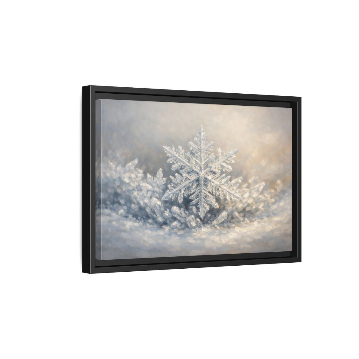 Side Mockup 6. Nature Snowflake White Snowflake shown as stretched canvas wall art